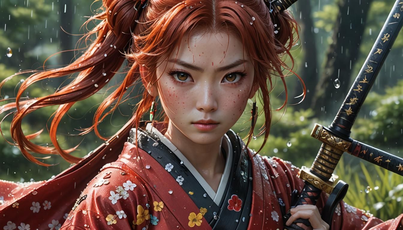 Red-Haired Samurai Lady in Anime Style