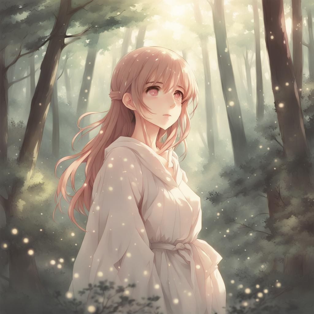 Dreamy Woman in Woods: Anime-Inspired Art
