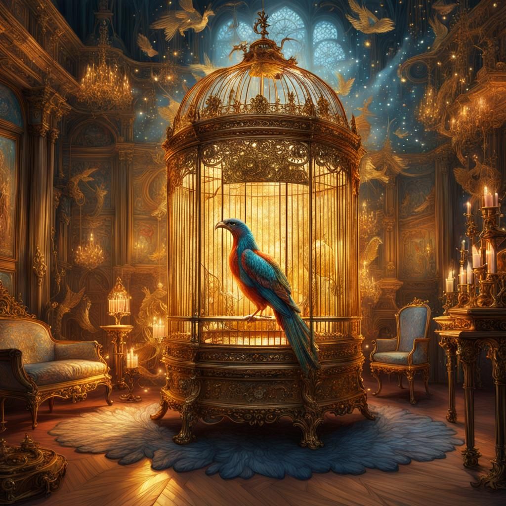 Phoenix in Golden Cage: Detailed Digital Art