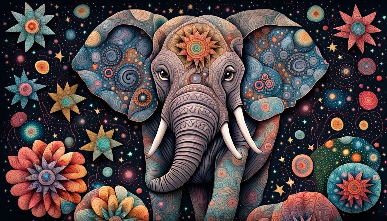 Elephant in Cosmic Star Zentangle
