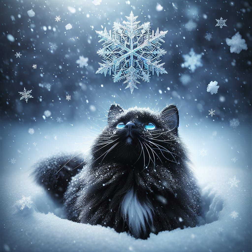 Black Cat Gazing at Snowflake, Cinematic Lighting