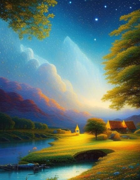 Medieval Village Under Stars in Pointillism Style