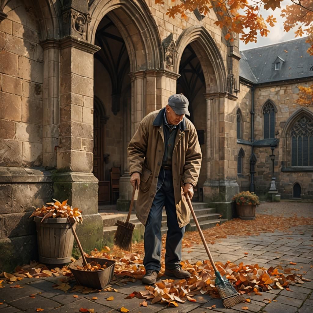 Janitor Sweeping Autumn Leaves in Church Courtyard