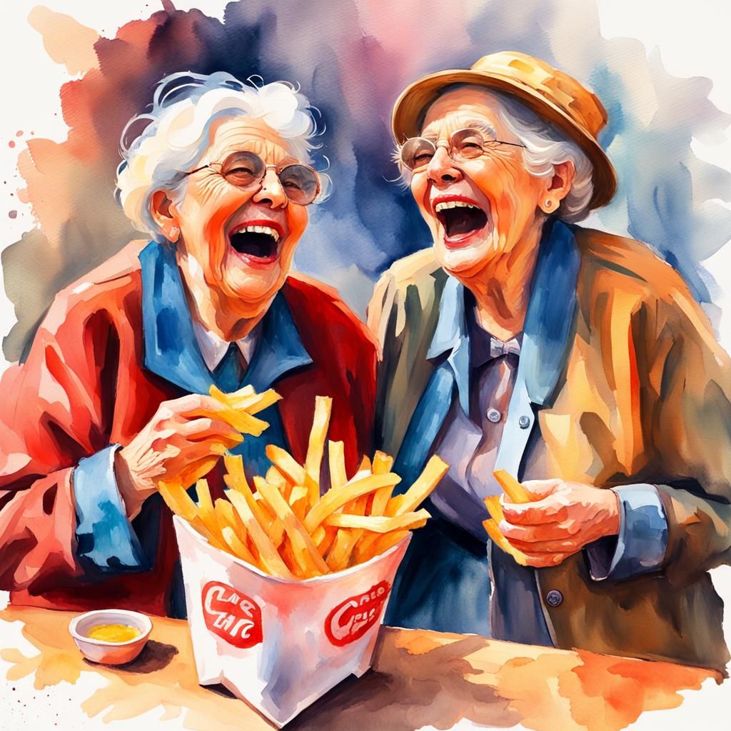 Women Share Fries in Loose Watercolor Style