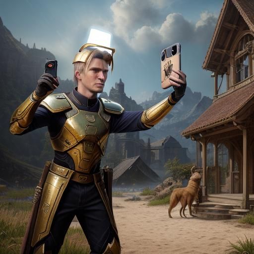 Boy with Halo Takes Selfie as Wooden Icon