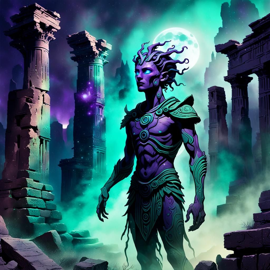 Mystical Dark Fantasy Figure in Ancient Ruins