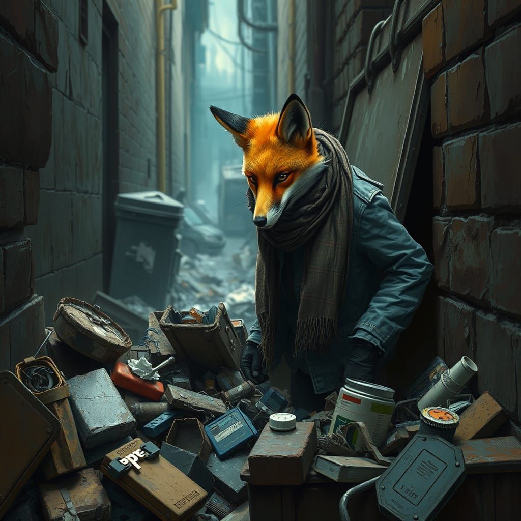 Cunning Red fox searching in a dumpster trying to steal in d...