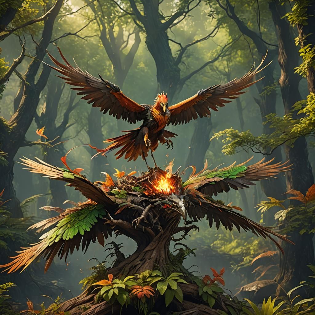 Leaf and Fire Phoenix Concept Art in 8K