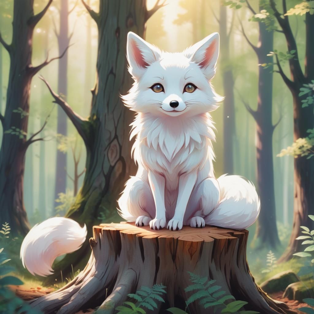 Anime White Fox in Forest, Whimsical Illustration