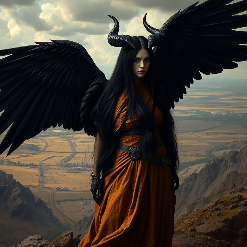 Dark Fantasy Woman with Raven Wings and Horns