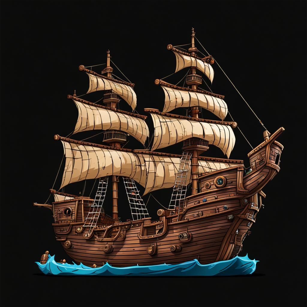 Detailed Cartoon Pirate Ship on Black