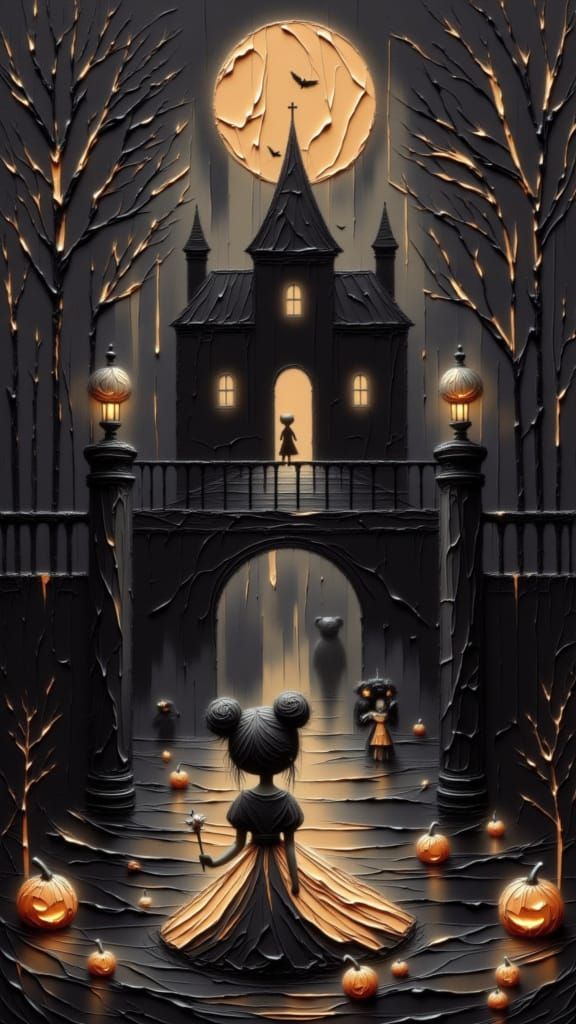 Princess on Halloween Night Approaches Spooky House