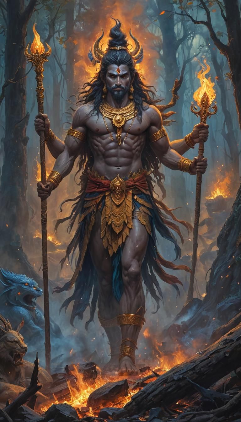 Ravan Performing Yagna in Forest, Vibrant Oil Painting