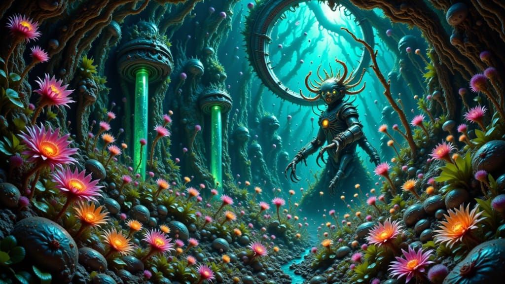 Bioluminescent Alien Jungle Ruins in Art Nouveau Style