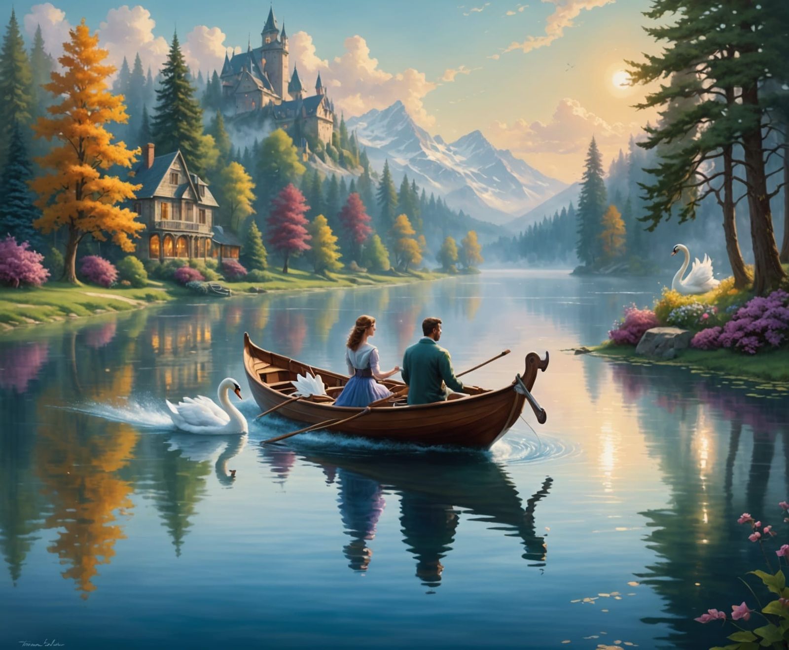 Romantic Couple in Swan Boat on Misty Lake
