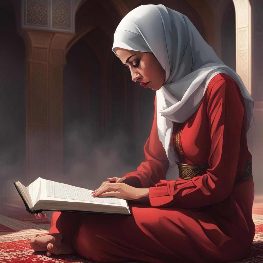Crying Muslim Woman Reads Quran: Emotional Portrait