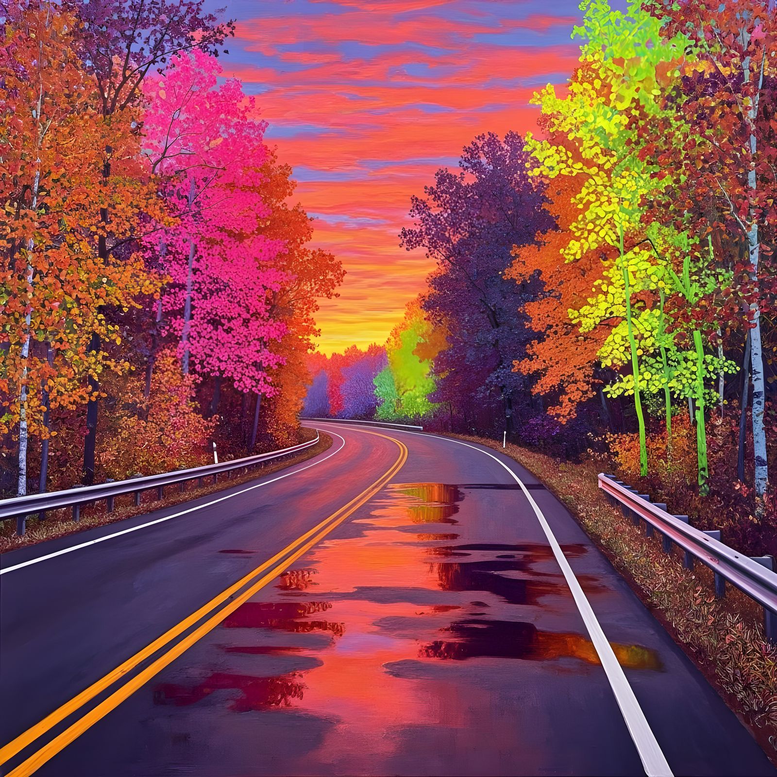 Autumn Highway Sunset in Dreamlike Style
