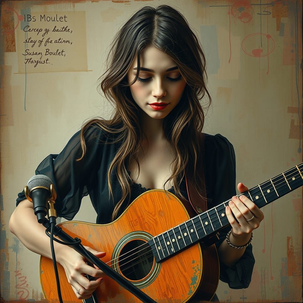 Young Woman's Antique Grunge Guitar Portrait