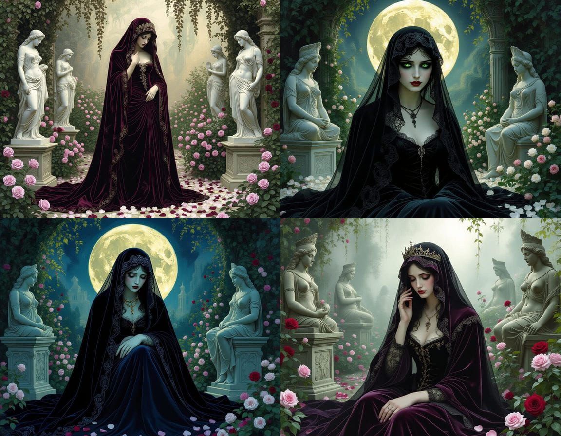 Sorrowful Queen in Dreamlike Garden, Dark Romanticism Style