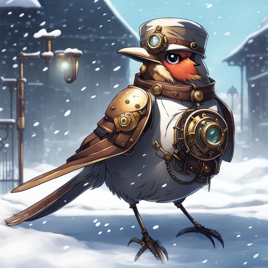 Steampunk Bird in Snow, Anime-Style Digital Art