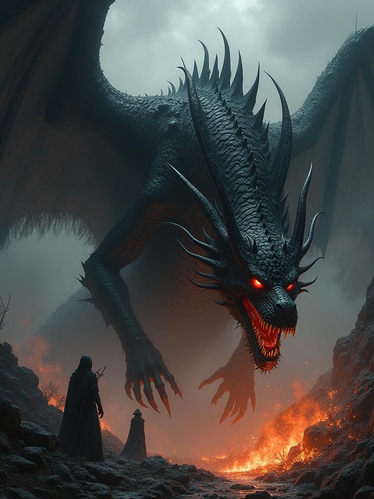 Sinister Black Dragon Unleashing Fury in Dark Fantasy Style