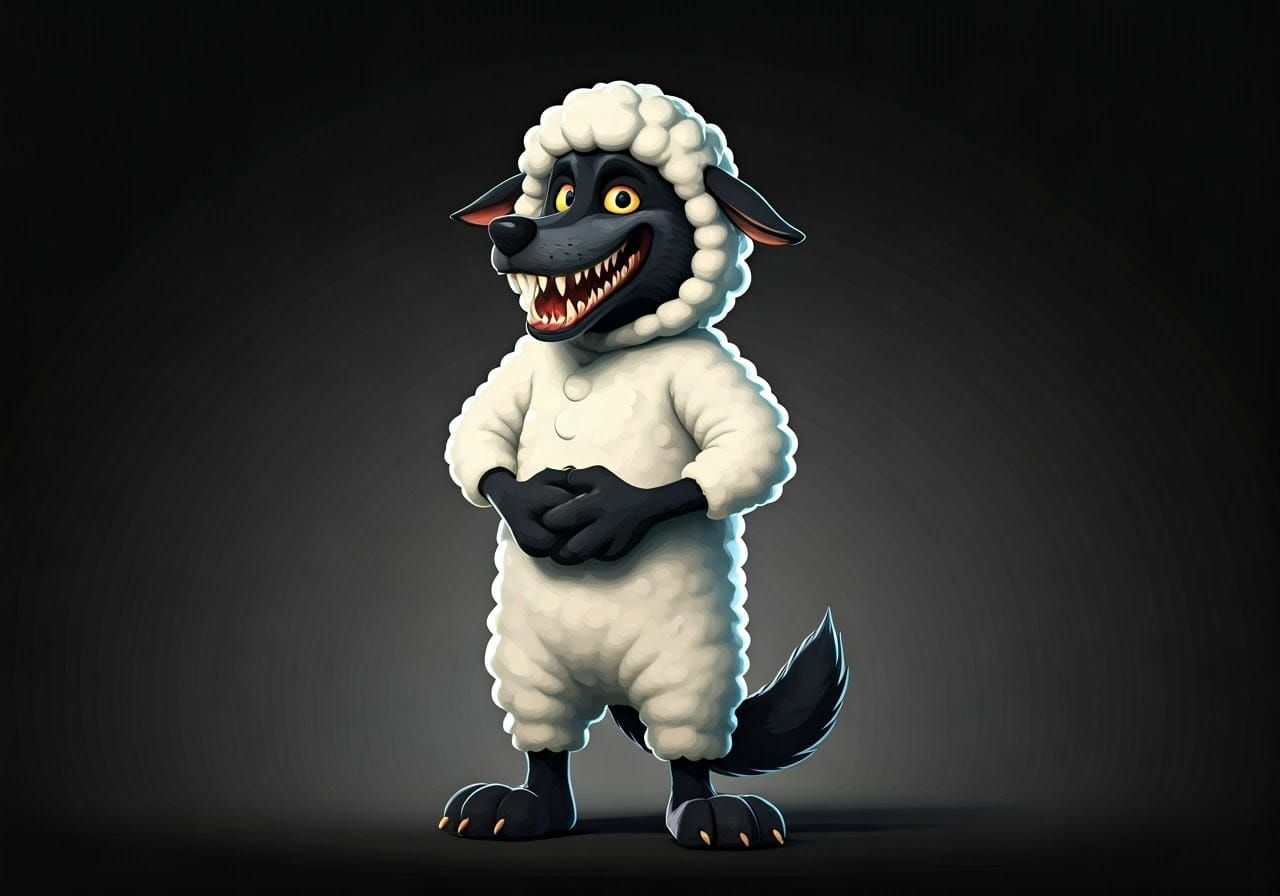 Cartoon Wolf in Sheep Costume with Dramatic Lighting