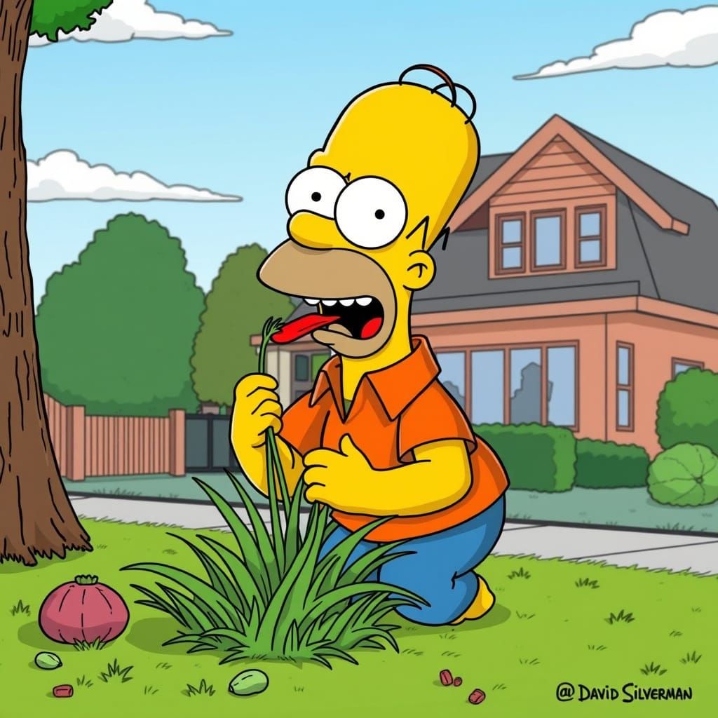 Homer Simpson Devours a Lawn in Bold, Whimsical Style