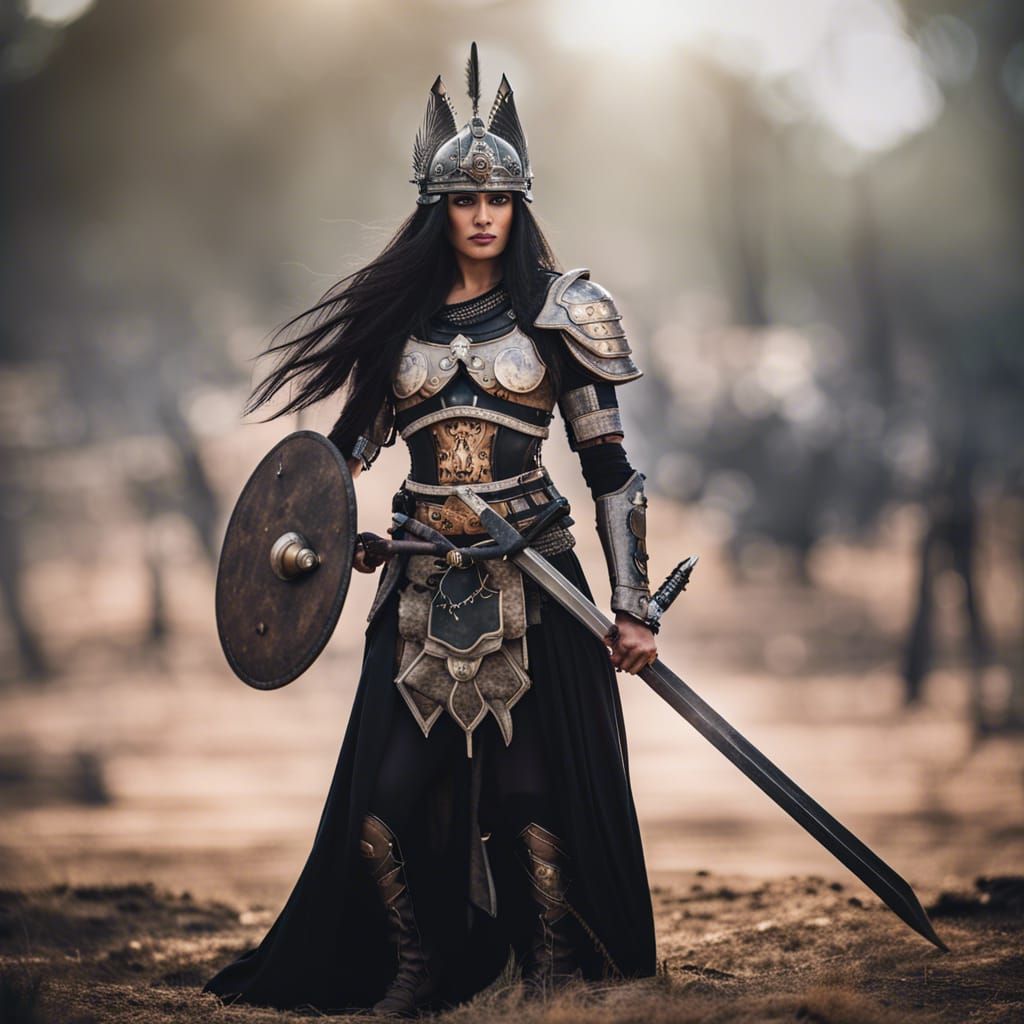 Goddess of War in Black Armor on Battlefield
