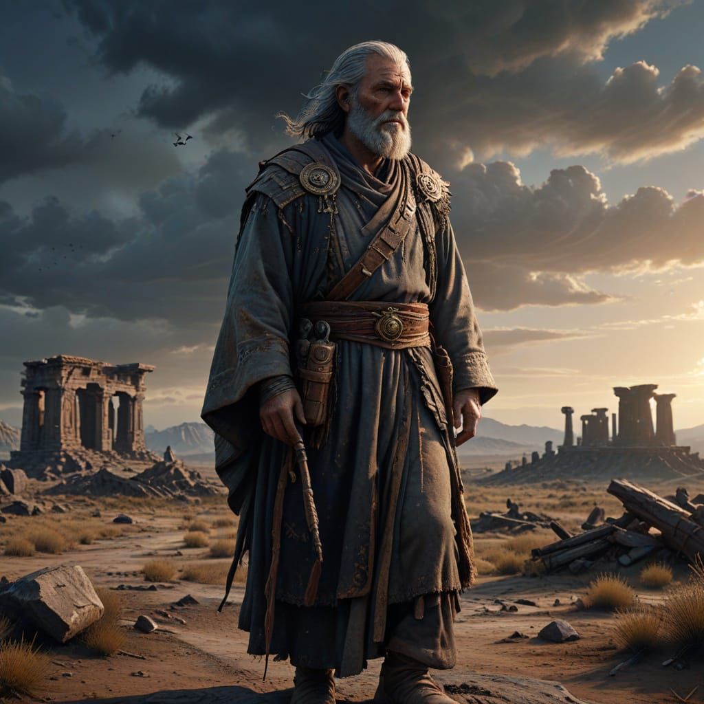 Ancient Wiseman on Desolate Plain Under Twilight Sky