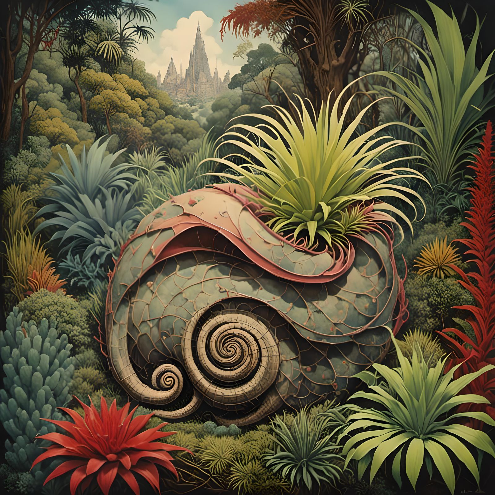 Giant Tillandsia Amongst Bromeliads in Cubist Style