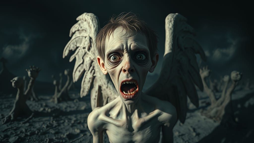 Suffering Angel in Surreal Desolate Landscape