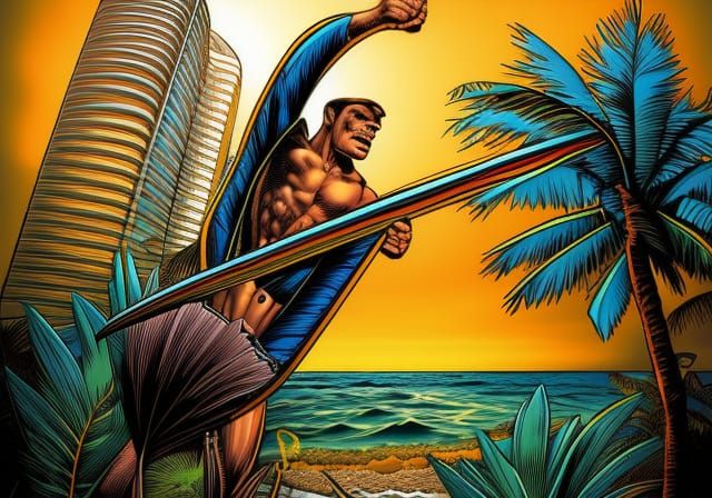 Waikiki Monkey Surfing in Comic Book Art