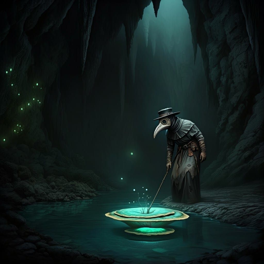 Plague Doctor in Cave with Glowing Fungus