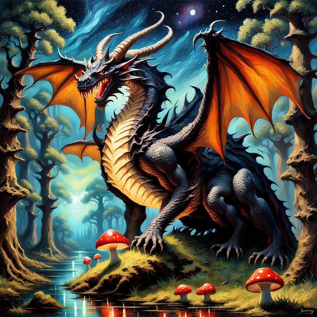 Gothic Dragon in Enchanted Dark Oak Forest