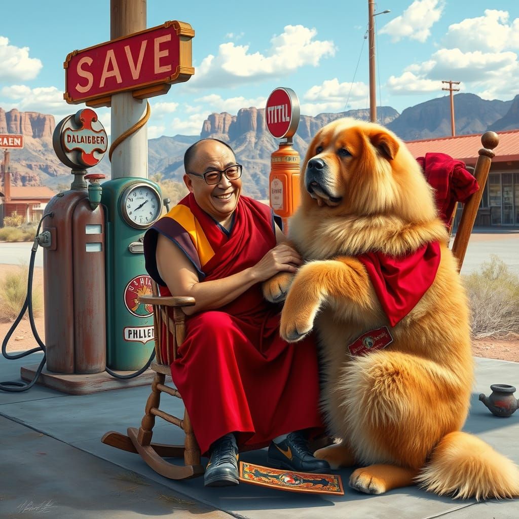 Dalai Lama at Arizona Gas Station in Folk Art Style