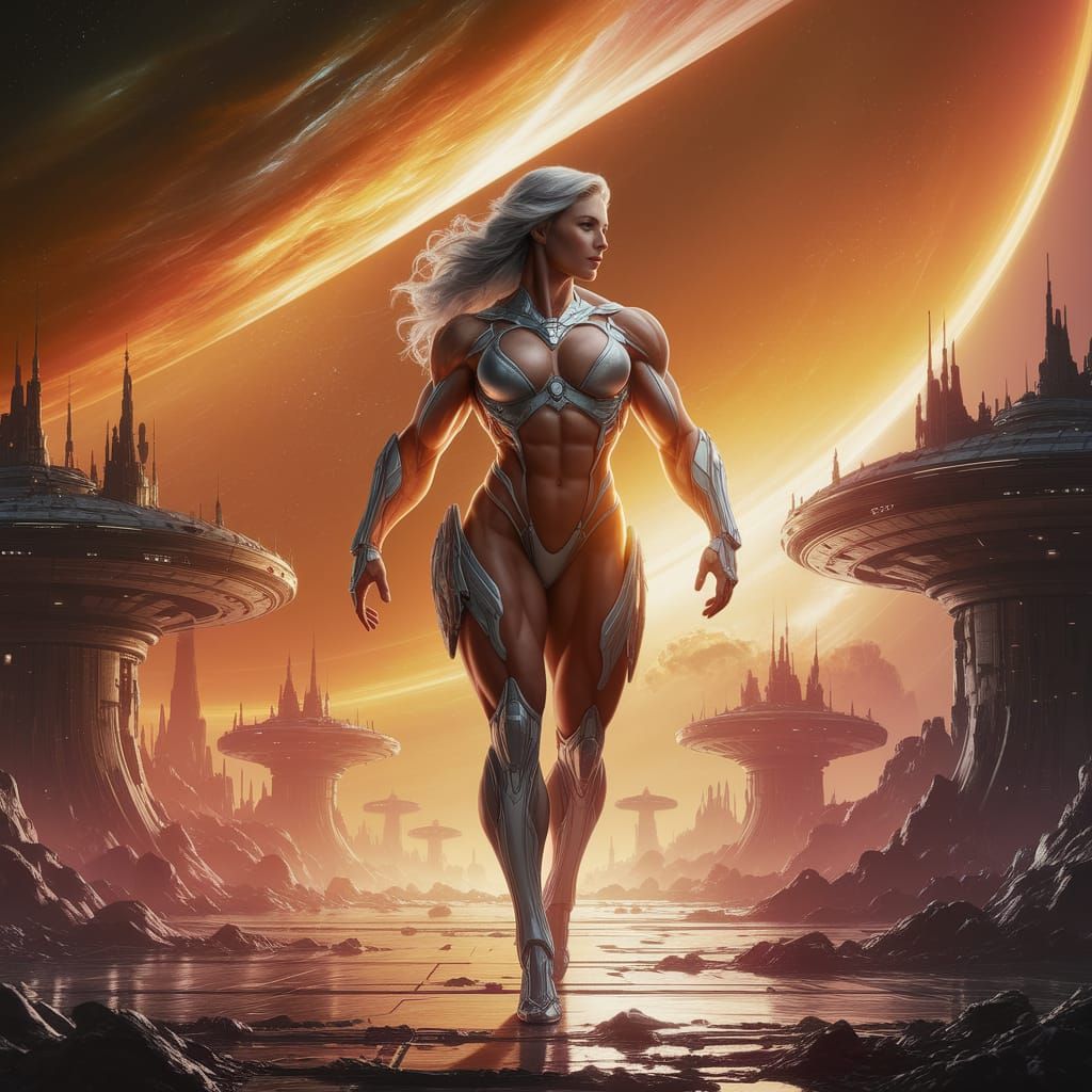 Muscular Woman Under Binary Sunset in Space Opera