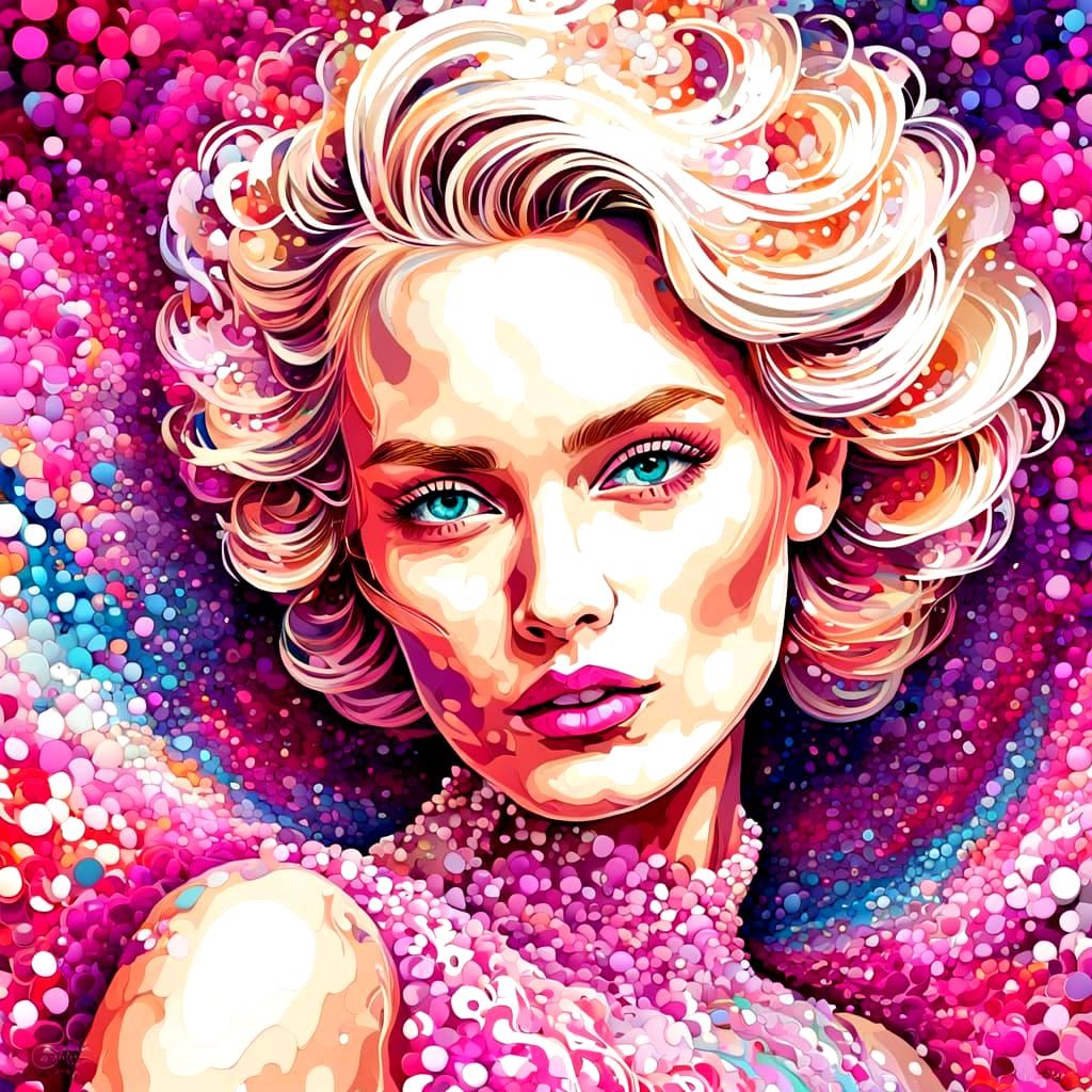 Vibrant Pointillism Portrait of a Blond Woman in a Magenta B...