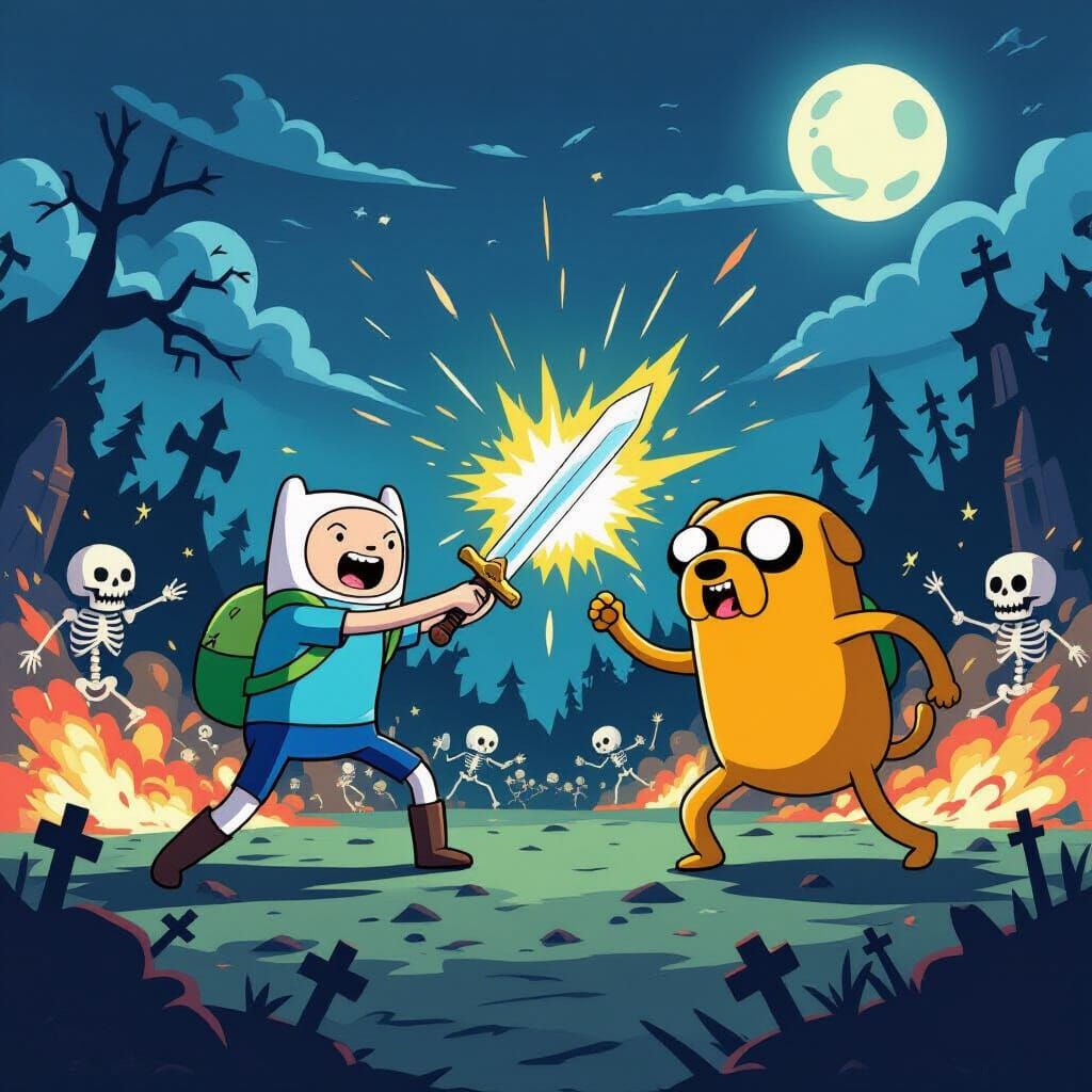 Finn and Jake Battle Skeletons in Cartoon Style