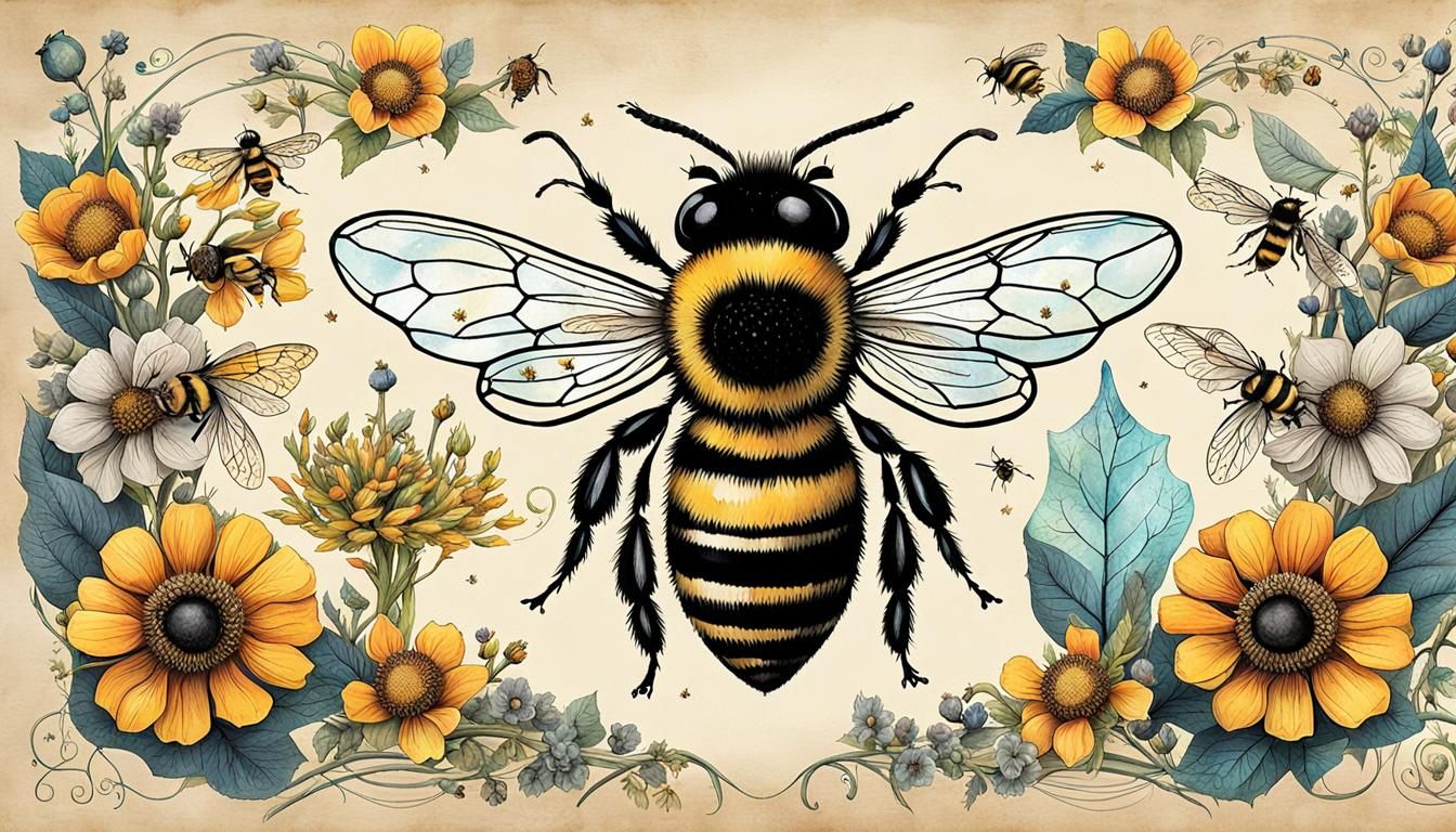 Magical Bees: An Intricate Ink Illustration