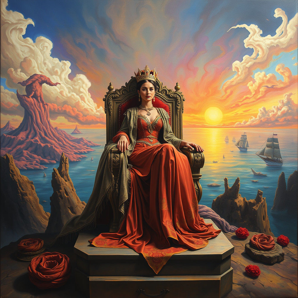 Regal Woman on Throne in Surrealist Dreamscape