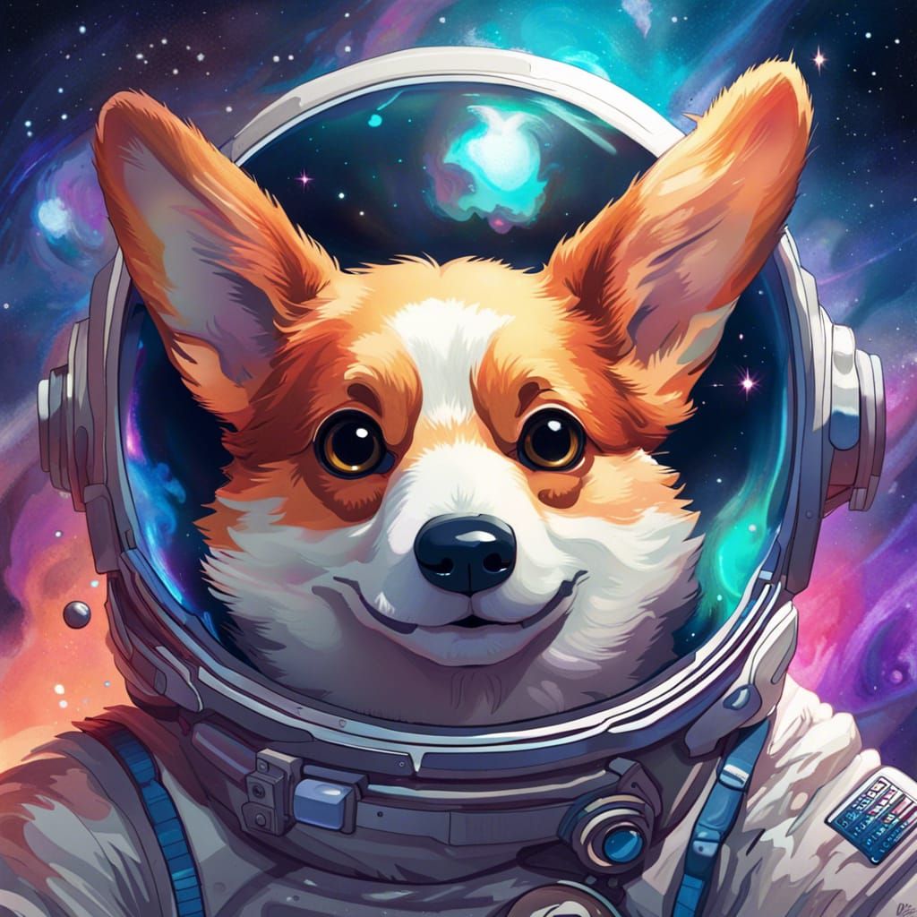 Anime Astronaut Corgi Portrait in Galaxy Colors