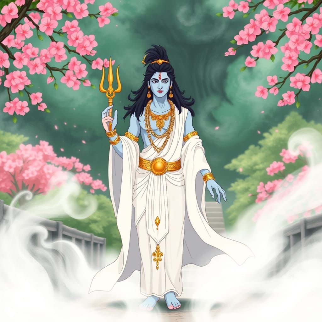 Shiva in Japanese Garden, Ghibli-Style