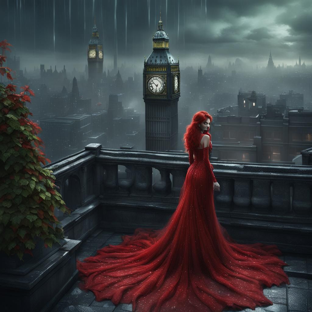 Poison Ivy in London Rain: Detailed Matte Painting