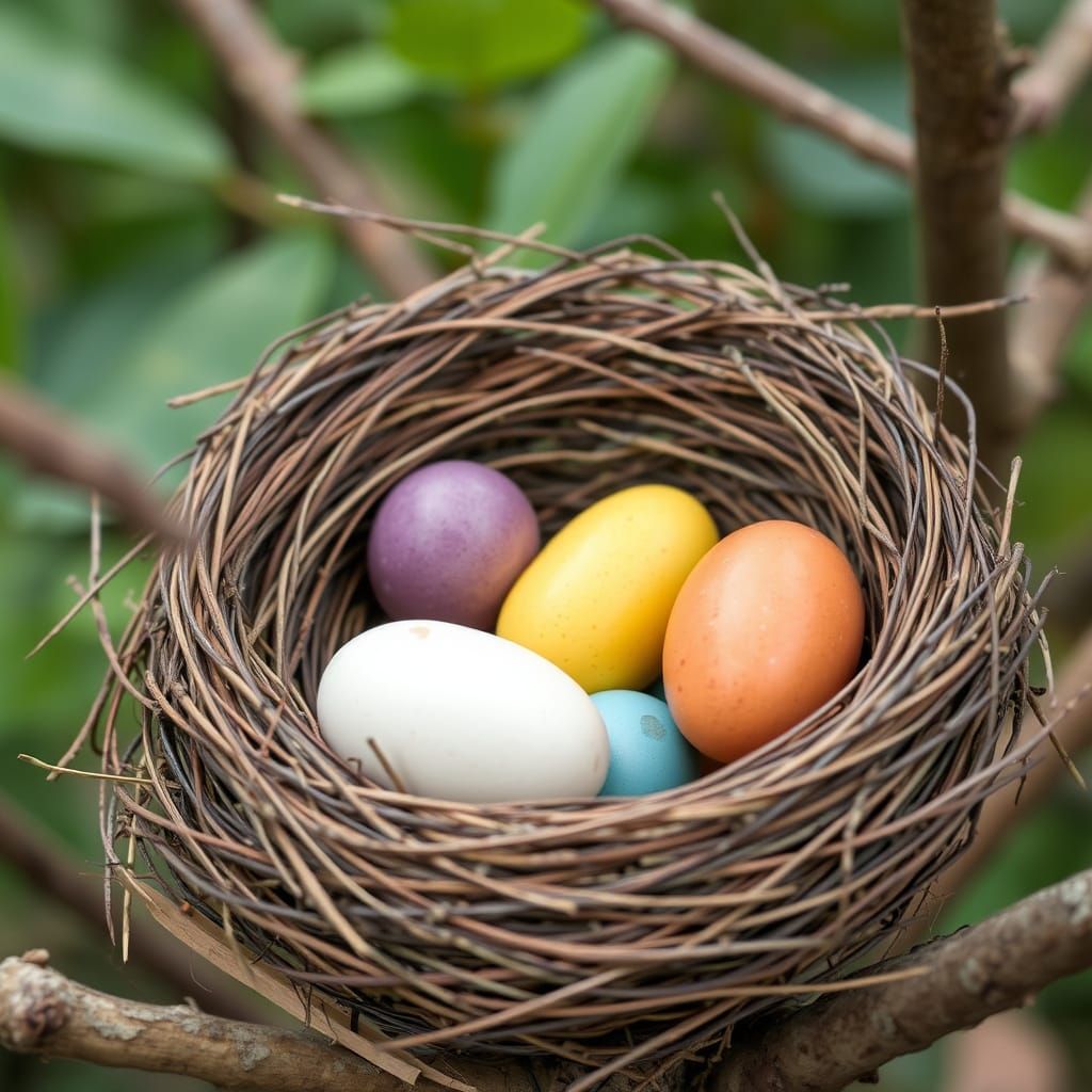 Vibrant Bird's Nest With Five Colorful Eggs