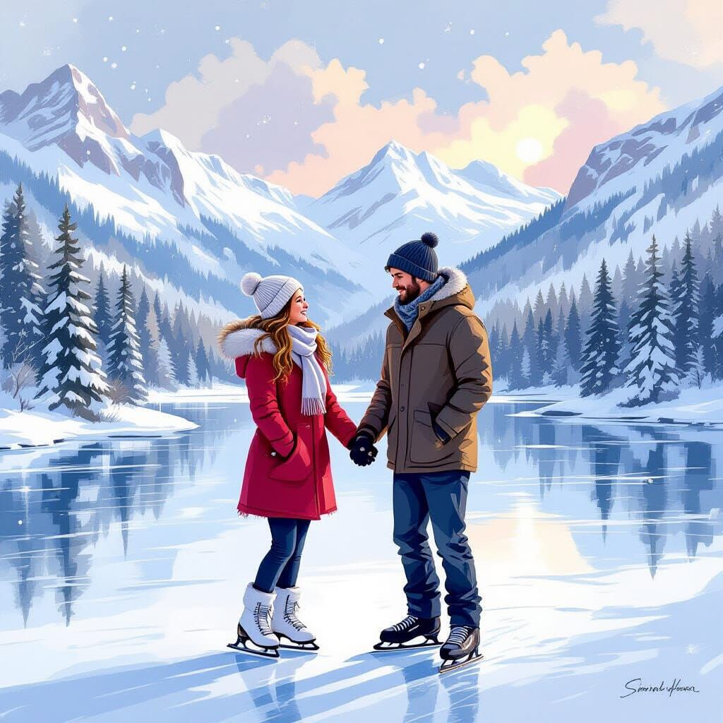 Romantic Winter Ice Skating Scene in Art Style