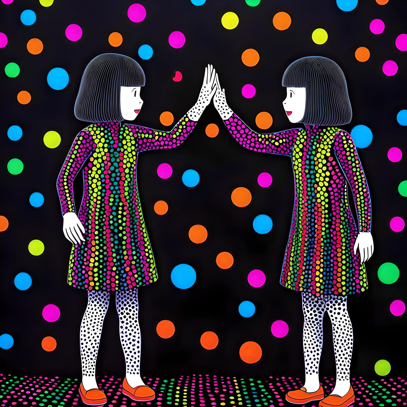 Happy Twin Siblings High Five in Kusama Style