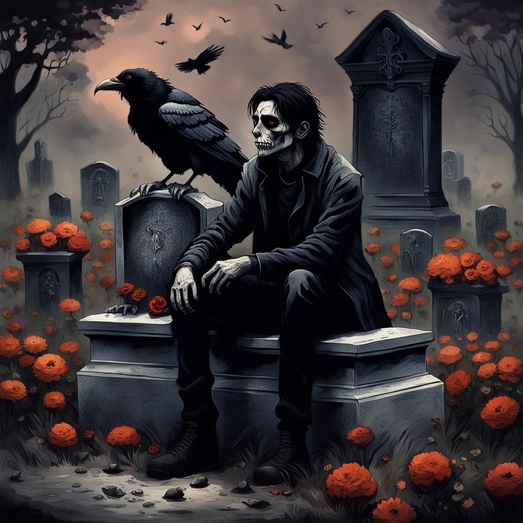 Mourning Young Man by Father's Grave