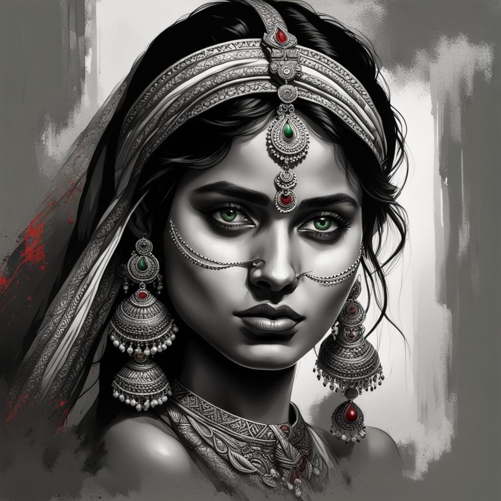 Indian Woman with Emerald Eyes in Hyperrealistic Style