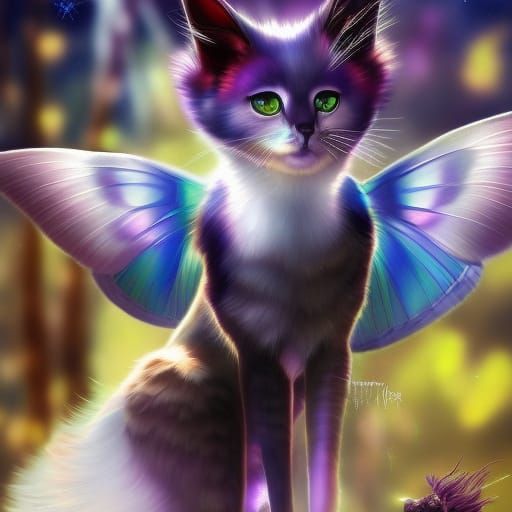 Moth Cats in Sparkling Forest: Fantasy Art