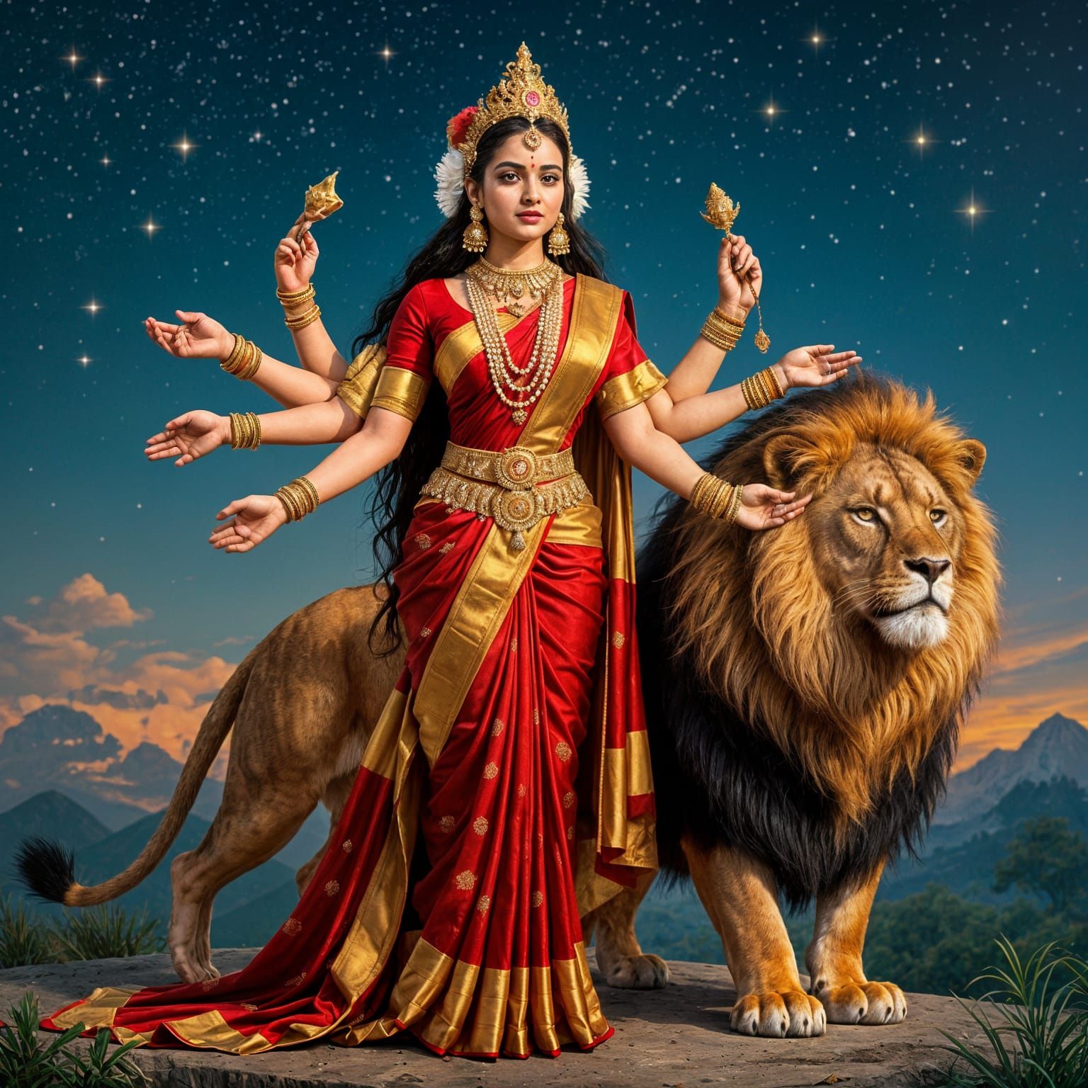 Divine Indian Goddess with Lion in Night Sky